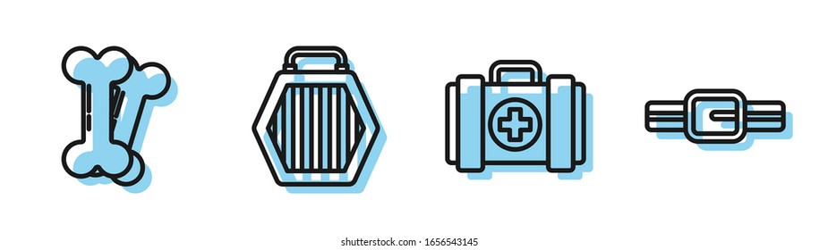 Set line Pet first aid kit, Dog bone, Pet carry case and Collar with name tag icon. Vector