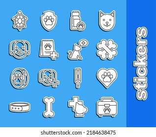 Set line Pet first aid kit, Heart with animals footprint, Crossed bones, Dog medicine bottle, Bag of food for dog, Turtle and Veterinary clinic symbol icon. Vector