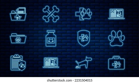 Set line Pet first aid kit, Paw print, Veterinary clinic, Cat medicine bottle, Medical veterinary record folder, Animal health insurance and Crossed bones icon. Vector