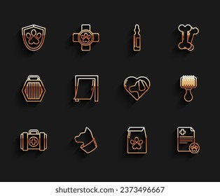 Set line Pet first aid kit, Cat, Animal health insurance, Bag of food for pet, Clipboard with medical clinical record, Door, Hair brush dog and cat and Heart icon. Vector
