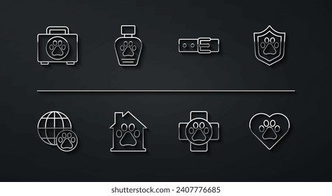 Set line Pet first aid kit, World pet, Animal health insurance, Veterinary clinic, house, shampoo, Heart with animals footprint and Collar name tag icon. Vector