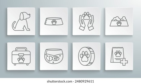 Set line Pet first aid kit, food bowl for cat or dog, Aquarium with fish, Paw print, Bag of, Hands animals footprint,  and Dog icon. Vector