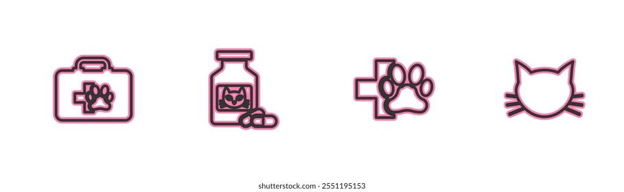 Set line Pet first aid kit, Veterinary clinic, Cat medicine bottle and pills and  icon. Vector