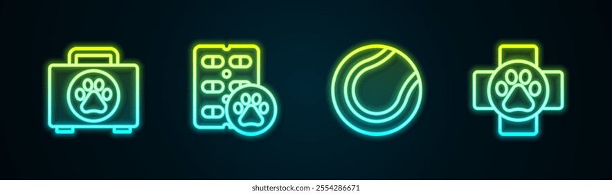 Set line Pet first aid kit, Dog pill, Tennis ball and Veterinary clinic. Glowing neon icon. Vector