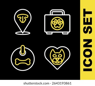 Set line Pet first aid kit, Heart with cat, Dog collar and Cat nose icon. Vector