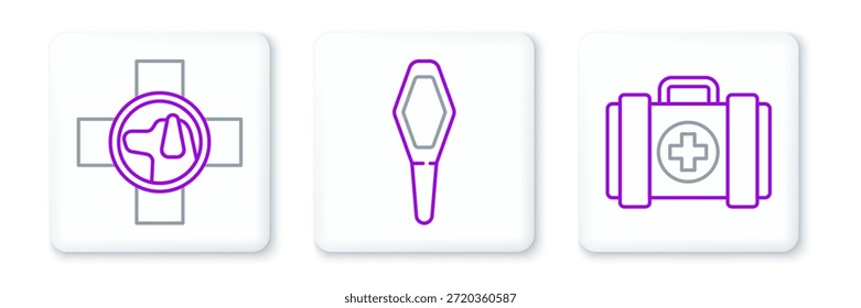 Set line Pet first aid kit, Veterinary clinic symbol and Pets vial medical icon. Vector
