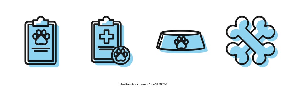 Set line Pet food bowl for cat or dog, Clipboard with medical clinical record pet, Clipboard with medical clinical record pet and Crossed bones icon. Vector