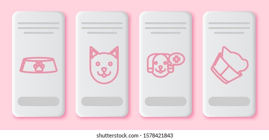 Set line Pet food bowl for cat or dog, Cat, Veterinary clinic symbol and Veterinary clinic symbol. White rectangle button. Vector