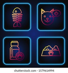 Set line Pet food bowl for cat or dog, Dog medicine bottle, Fish skeleton and Veterinary clinic symbol. Gradient color icons. Vector