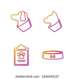 Set line Pet food bowl, Clipboard with medical clinical record pet, Dog and Cat. Gradient color icons. Vector