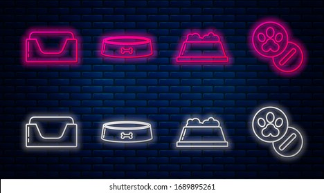 Set line Pet food bowl, Pet food bowl, Pet bed and Dog and pills. Glowing neon icon on brick wall. Vector