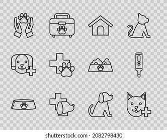 Set line Pet food bowl for cat or dog, Veterinary clinic symbol, Dog house, Hands with animals footprint,  and Medical digital thermometer icon. Vector