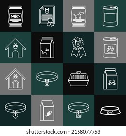 Set line Pet food bowl, Bag of for cat, Canned, dog, Dog house and paw print pet,  and award symbol icon. Vector
