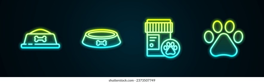 Set line Pet food bowl, , Dog medicine bottle and Paw print. Glowing neon icon. Vector