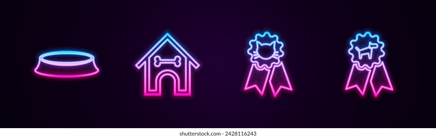 Set line Pet food bowl, Dog house and bone, Cat award symbol and . Glowing neon icon. Vector