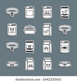 Set line Pet food bowl, Canned for cat, Dog collar, carry case, dog, Collar with name tag and Bag of icon. Vector