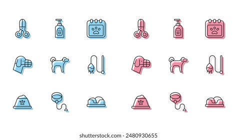 Set line Cuenco de comida para mascotas, correa de cordón retráctil, tijeras peluquería, cama, perro, juguete de gato, en bozal y champú icono. Vector