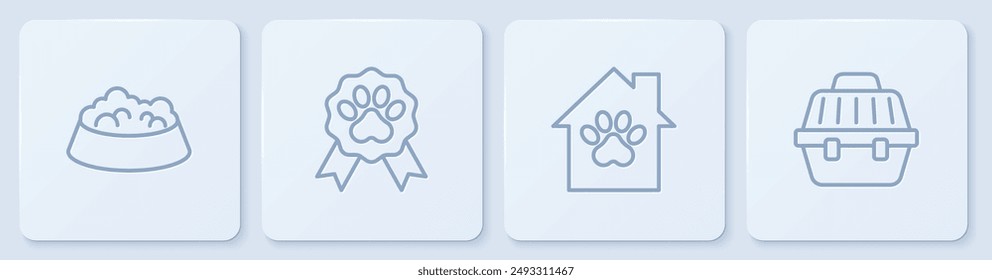 Set line Pet food bowl for cat or dog, house, award symbol and carry case. White square button. Vector