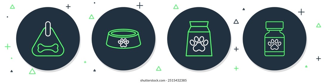 Set line Pet food bowl, Bag of for pet, Dog collar and Medicine bottle and pills icon. Vector