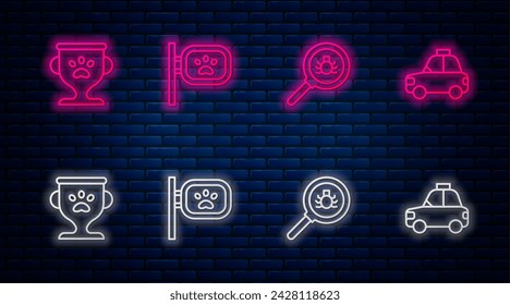 Set line Pet grooming, Flea search, award and car taxi. Glowing neon icon on brick wall. Vector