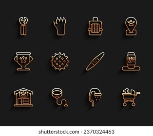 Set line Pet grooming, Retractable cord leash, nail clippers, shower, stroller, Tennis ball, Cat scratching post and Nail file pet icon. Vector