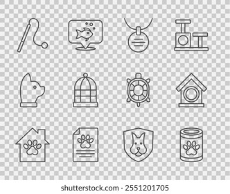 Set line Pet house, Canned food, Collar with name tag, Medical clinical record pet, cat toy, Cage for birds, Animal health insurance and Dog icon. Vector