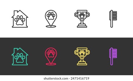 Set line Pet house, Location veterinary, award and Pets vial medical on black and white. Vector