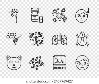 Set line Pet, Man with excessive sweating, Bacteria, Medicine pill or tablet, Flower producing pollen, Monitor cardiogram and Parasite mite icon. Vector