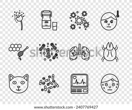 Set line Pet, Man with excessive sweating, Bacteria, Medicine pill or tablet, Flower producing pollen, Monitor cardiogram and Parasite mite icon. Vector