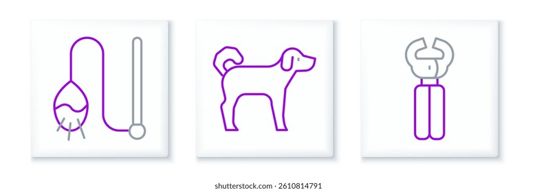 Set line Pet nail clippers, cat toy and Dog icon. Vector