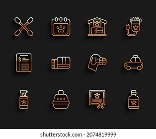 Set line Pet shampoo, carry case, Cotton swab for ears, Certificate dog cat, Dog medicine bottle, Towel stack, taxi and muzzle icon. Vector