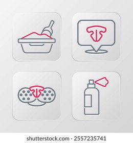 Set line Pet shampoo, Cat nose,  and litter tray with shovel icon. Vector