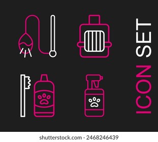 Set line Pet shampoo, Dental hygiene for pets, carry case and cat toy icon. Vector