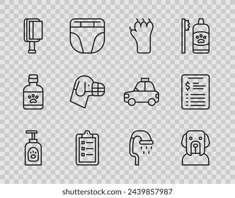 Set line Pet shampoo, Dog, Paw print, Grooming salon price list, Hair brush for dog and cat, muzzle, shower and  icon. Vector