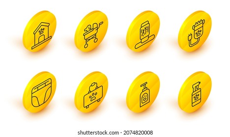Set line Pet shampoo, first aid kit, Diaper for dog, Hair clipper pet, Cat scratching post, stroller and Dog house and paw print icon. Vector