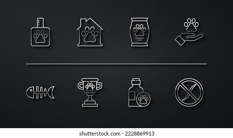 Fijar la línea Champú mascota, esqueleto de pescado, Manos con huella animal, premio, casa, parásito anti gusanos y ícono de Bolsa de comida. Vector