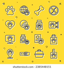 Set line Pet shampoo, Shopping bag pet, Veterinary clinic, Dog bone, pill, Heart with animals footprint, Paw and Bag of food icon. Vector