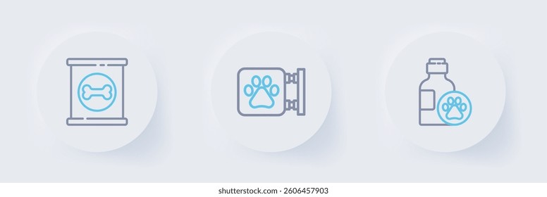 Set line Pet shampoo, Veterinary clinic and Canned food icon. Vector