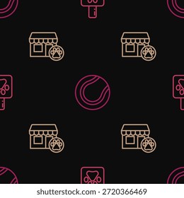 Set line Pet shampoo, Veterinary hospital and Tennis ball on seamless pattern. Vector