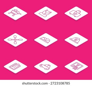 Cochecito de mascotas, gato, kit de primeros auxilios, hisopo de algodón para orejas, cama, tazón de comida, lista de Precios del salón de aseo e ícono de taxi para automóvil. Vector