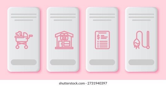 Set line Cochecito de mascotas, aseo, lista de Precios de salón de aseo y juguete para gatos. Botón rectángulo blanco. Vector