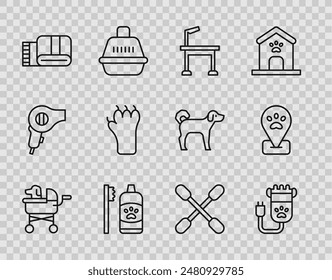 Set line Pet stroller, Hair clipper pet, grooming table, Dental hygiene for pets, Towel stack, Paw print, Cotton swab ears and Location icon. Vector
