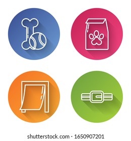 Set line Pet toys bone rubber and ball, Bag of food for pet, Door for pet and Collar with name tag. Color circle button. Vector