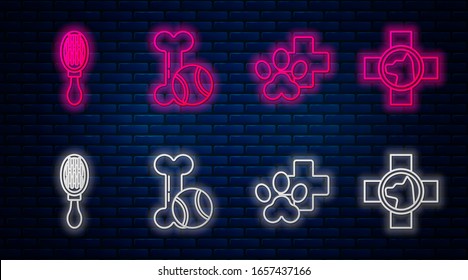 Set line Pet toys bone rubber and ball, Veterinary clinic symbol, Hair brush for dog and cat and Veterinary clinic symbol. Glowing neon icon on brick wall. Vector