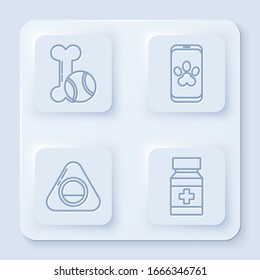 Set line Pet toys bone rubber and ball, Online veterinary clinic symbol, Pet bed and Dog medicine bottle and pills. White square button. Vector