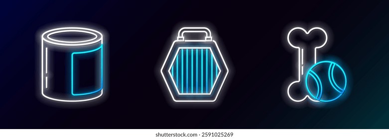 Set line Pet toys bone rubber and ball, Canned food and carry case icon. Glowing neon. Vector