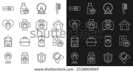 Set line Pet toys bone rubber and ball, Clinical record pet, Dog house, Hamster wheel, Veterinary clinic, Heart with animals footprint, Collar name tag and first aid kit icon. Vector