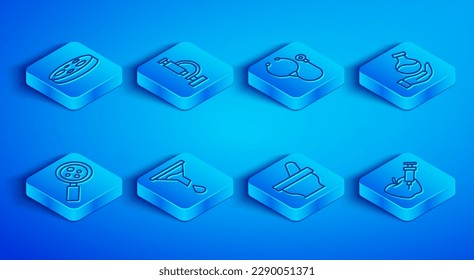 Set line Petri dish with bacteria, Microscope, Stethoscope, Funnel or filter, Mortar and pestle, Test tube, Microorganisms under magnifier and Genetically modified apple icon. Vector