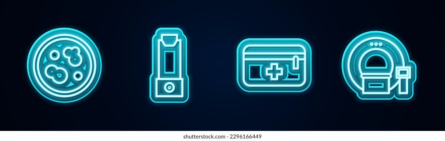 Fijar la línea de Petri con bacterias, Inhaler, kit de primeros auxilios y Tomografía. Icono de neón brillante. Vector