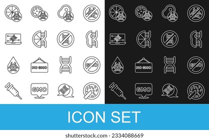 Set line Petri dish with bacteria, No GMO, Genetically modified meat, orange, engineering modification,  and Stop icon. Vector